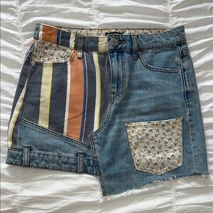 BDG Blue Jean Skirt with Distressed Hem and Patchwork Design